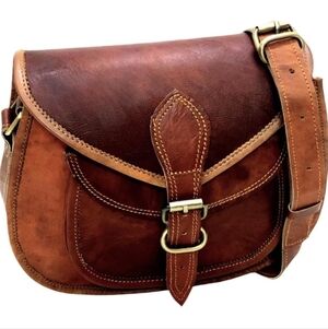 Firu Handmade Women Vintage Style Genuine Brown Leather Crossbody Satchel Bag